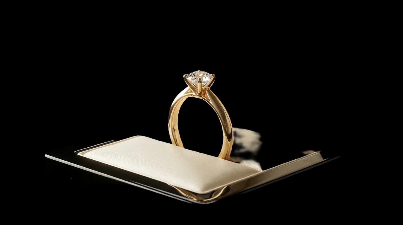 Anello solitario in oro giallo con diamante, custodito in uno scrigno aperto